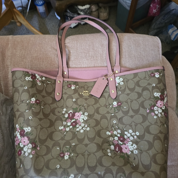 Coach Floral Print Tote Bag - Brown and Pink - Picture 4 of 6